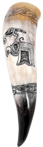 Battle-Merchant - Hochwertiges Wikinger Trinkhorn mit Motiv - Rinderhorn Graviert - Mittelalterliches Met-Horn bis zu 400 ml (Einzelner Rabe)