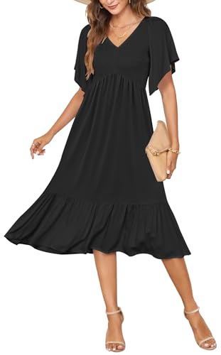 AUSELILY Women's Summer Empire Waist Dress Smocked Flutter Short Sleeve V Neck Midi Dresses 2026 New Black L