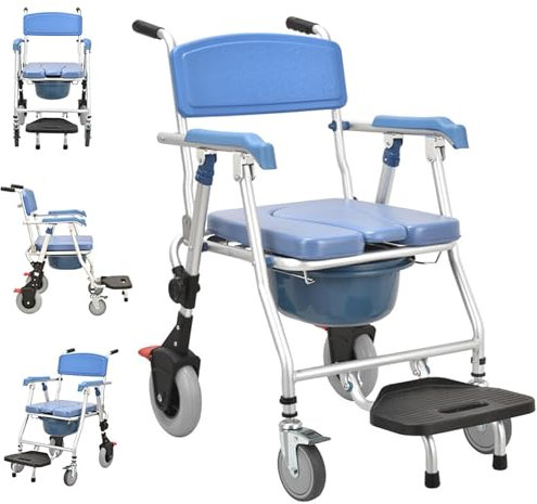Bedside Commode Chair with Wheels Folding Shower Chair Commode Toilet Chair with Removable Bucket Transport Wheelchair with Locking Wheels and Padded Seat for Elderly Disabled