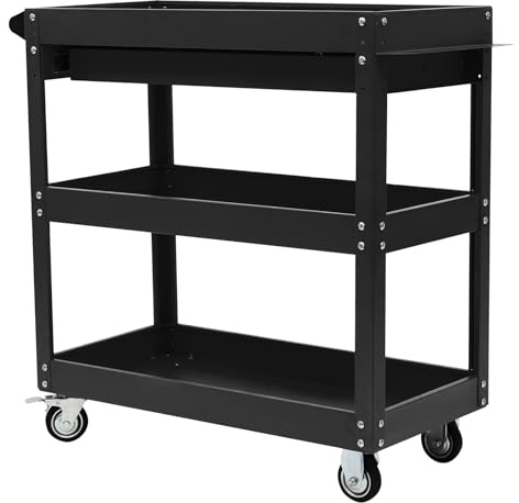 Werkstattwagen Rollwagen 3 Etagen Montagewagen Werkzeugwagen Transportwagen aus Stahl Mobile Plattformwagen bis 150 kg für Werkstatt, Garage, 76.3x35.3x83.5cm, Schwarz