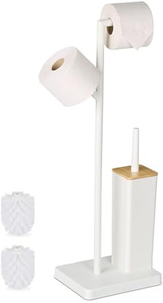 Relaxdays Piantana Portarotolo e Scopino, Portascopino Bagno, Porta Rotolo Carta Igienica di Scorta 71x23x18 cm, Bianco