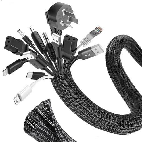 Romon 6m Kabelschlauch, 25mm-32mm Zuschneidbar Kabelkanal Selbstschließend, Flexibler Gewebter Kabelmantel, Spiralschlauch für TV PC Heimkino Automobilkabel, Kabelmanagement Bissfest für Hund- Schwarz