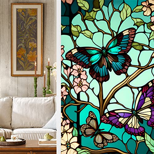 Fensterfolie Blickdicht Selbsthaftende, Sichtschutzfolie Fenster Bunt Schmetterlingsmuster, Pflanzen Blumen Fensteraufkleber 60*100cm, Statisch Haftend Ohne Klebstoff Anti UV Sonnenschutz für Büro Woh