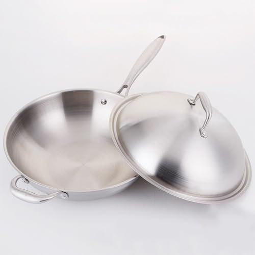 AIJUSSS Padella wok in acciaio inox con coperchio, manico ergonomico, fondo piatto, antiaderente, non rivestita, compatibile con fornelli a induzione(34cm)