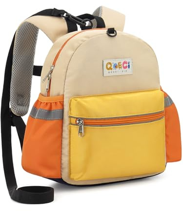 QOECI Toddler Backpack with Leash for Boys Girls Kids Kindergarten Nursery, 11” Baby Leash Backpack with Reflective, Toddler Bookbag with Anti-Lost Harness for Walking, Yellow