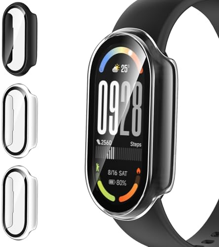 ivoler 3 Piezas Funda Dura PC para Xiaomi Smart Band 10, Protección Completa Protector de Pantalla de Cristal Vidrio Templado Antigolpes Anti-arañazos Estuche Carcasa, 2 Transparente + 1 Negro