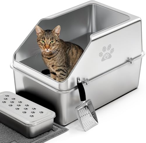 PTLOM Food Grade Covered Stainless Steel Cat Litter Tray - Slanted Edge Inlet, 15.7 High Rim, Large 23.4x15.5x15.7, Rust-Proof, Anti-Odour Lockable Lid, Non-Slip, Safe & Convenient