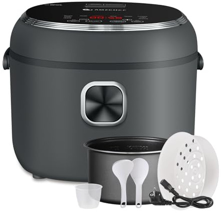 AMZCHEF Cuociriso 2L, Elettrico con 12 Menu Preimpostati, Display Digitale, 4 Tazze (1-4 persone), Timer 24h, Funz. Mant. Caldo 12h, Manico Trasporto, Cestello Cott. a Vapore, 400W