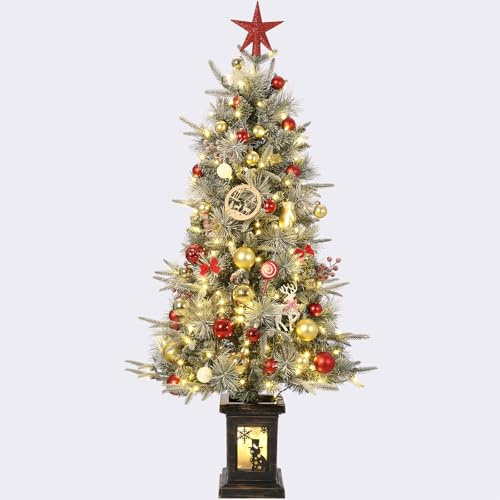Albero di Natale artificiale da 125 cm, con illuminazione, albero di Natale artificiale, con 150 luci LED a luce bianca calda e multicolore, 9 modalità, PVC, punte a ramo, retrò, pupazzo di neve, base