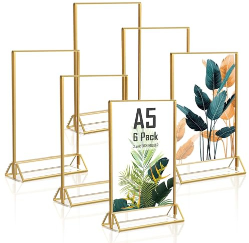 MeYuxg A5 Aufsteller Gold – 6 Stück Acryl Tischaufsteller Kartenhalter, Tischnummern Halter für Hochzeit, Flyerständer Tischdeko, Schicker Bilderrahmen für Kinderzeichnungen