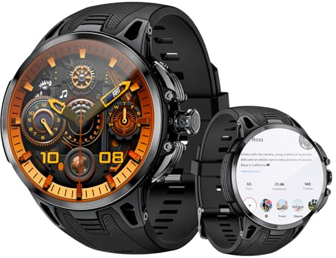 LOKMAT 4G Android Smartwatch, 1,75'' AMOLED-Bildschirm 3GB+32GB Sport-Fitness-Aktivitäts-Tracker Smartwatch für Männer und Frauen, mit SIM-Kartenschacht, drehbarer Kamera, GPS NFC WLAN (Schwarz)