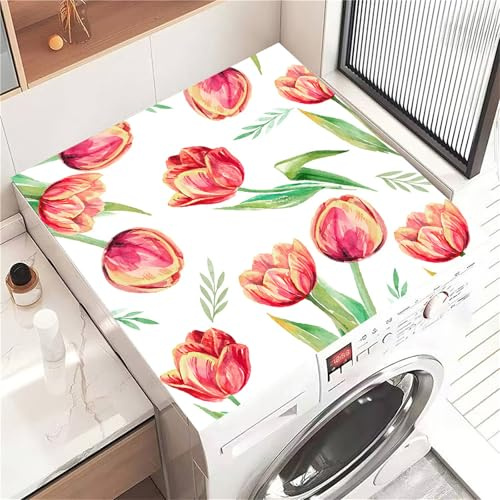 Highdi Housse de Protection pour Machine à Laver Top, Tulipes Pastorales Coussin de Machine à Laver Antidérapant, Tapis de Protection pour Dessus Sèche-Linge Séchage Rapide (Blanc,30x40cm)