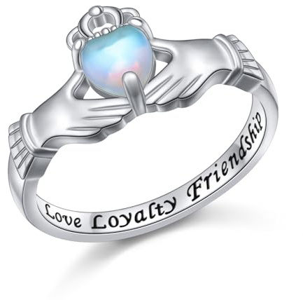 DAOCHONG Bague Claddagh en argent sterling 925 avec pierre de lune gravée amour loyauté amitié bijoux cadeau pour femme taille 7