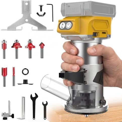 Cordless Compact Router Compatible with Dewalt 20V Max Battery(NO Battery) Brushless Router for Woodworking with Fixed Base Wood Router,5-Speed,Router Bits,Edge/Roller Guide,Dust Hood