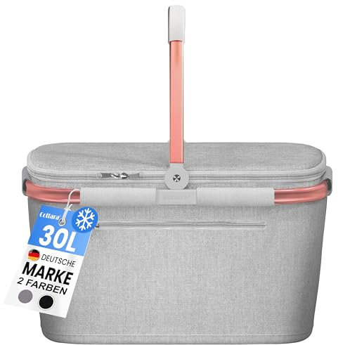 Cottara® Thermo shoppingkorg, kylväska, stor | isolerad inköpskorg med lock, förstärkt botten, främre fack med dragkedja | Perfekt som kylkorg eller picknickkorg (ljusgrå rosa)