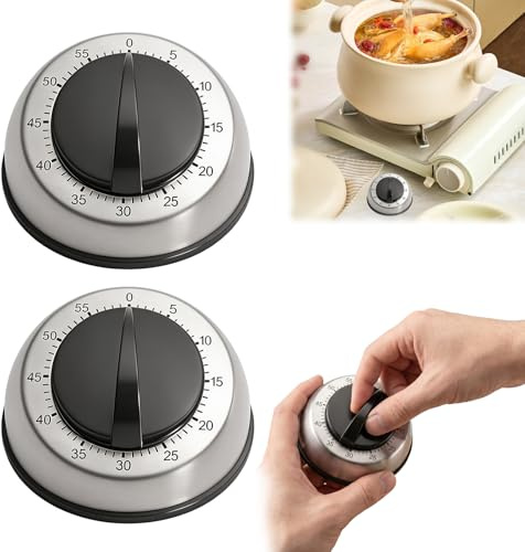 Hounyou 2 Pcs Kitchen Timers for Cooking, No Batteries Required Loud Egg Timers for Boiling Eggs Mechanical with Alarm, Stainless Steel Body