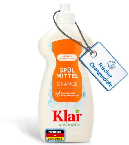 Klar EcoSensitive Spülmittel ORANGE, 500ml - Spüli mit hoher Fettlösekraft | Geschirrspülmittel flüssig mit frischem Orangen-Duft - Biologisch abbaubares Handspülmittel - Vegan Dish Soap