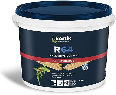 Bostik Colle Vinylique Bois R64 – Prise Lente – Colle d'Assemblage et de Placage – D4 Menuiseries Extérieures – Collage Extérieur & Humide – Seau de 5 kg