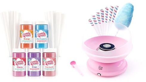 Cotton Candy Express CC1000-S Zuckerwattemaschine mit 5 Zuckerpackungen – Kirsche, Traube, blaue Himbeere, Orange, rosa Vanille