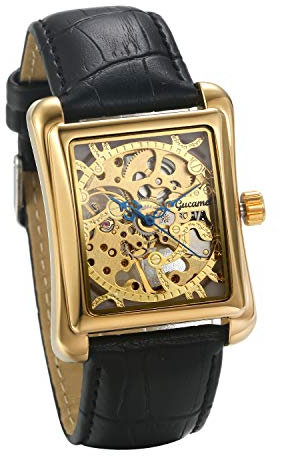 JewelryWe Mens Watches Automatic Mechanical Watch Skeleton Square Dial Leather Wrist Watch