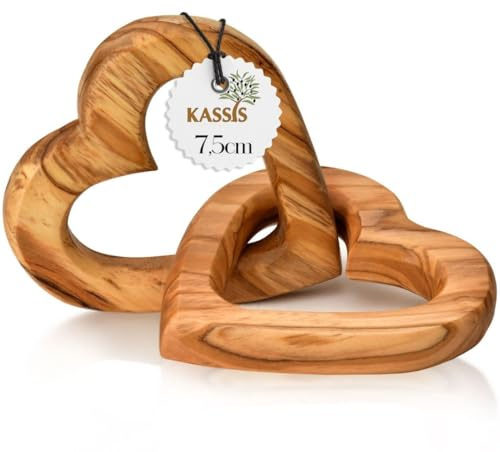 Kassis Geschenkartikel Olivenholz-Herzen für Brautpaar, zum Valentinstag, Jubiläum, Hochzeitstag, Geburtstag - verbundene Holz-Herzen - Hochzeitsgeschenk - (7,50 cm)