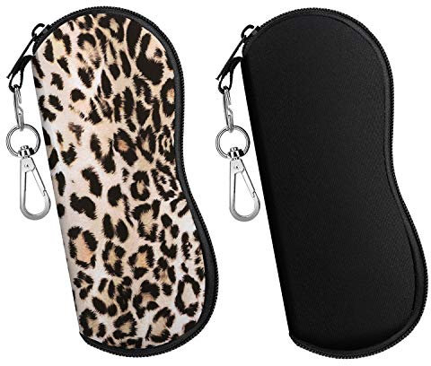 MoKo Brillenetui - [Ultra Lightweight] 2 Stück Neopren Reißverschluss Sonnenbrille Tasche mit Gürtelclip für Brillen, Rahmen, Tragbare Case für Schlüssel, Bleistifte, Karten - Schwarz + Leopard