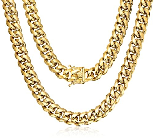 ROWIN&CO Collier Chaîne Homme Or 18K en Acier Inoxydable Maille Cubaine Ras de Cou Collier Gourmette Grosse Maille de 15mm, Chaîne Bijoux Hip hop, 18 20 22 à 35 pouces