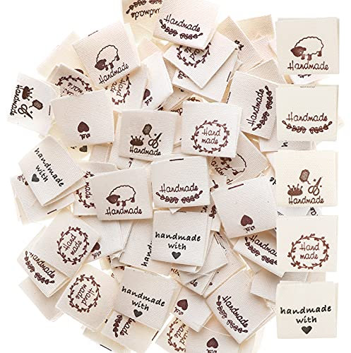 100Pcs Handmade Label zum Annähen aus Stoff Etiketten Kleideretiketten zum Einnähen Kleidungszubehör Handgemacht Textiletiketten Nähen DIY Deko (Beige Mix)
