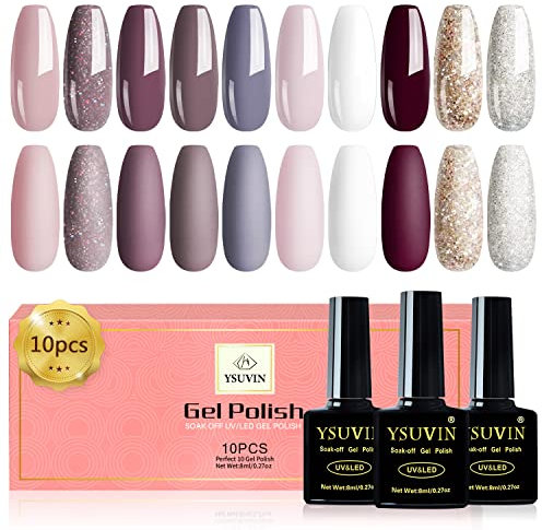 YSUVIN UV Nagellack, 10 Farben Gel Nagellack, Taupe Rosa Nude Weiß Burgunderrot Gold Glitter Soak-off UV Gellack für Anfänger DIY Nail Art Maniküre Salon, Langlebig, 8ML