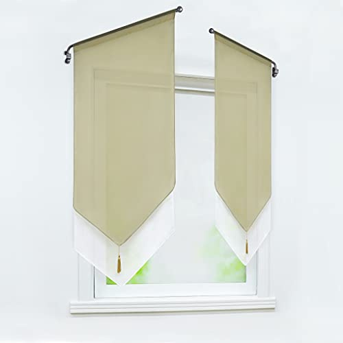 Joyswahl 1 Pièce Rideau Brise Bise Passe Tringle sans Percage avec Frange à Pompon Transparent Tamisant Lumière Elegant Rideaux de Cuisine Sable LxH 40x90cm