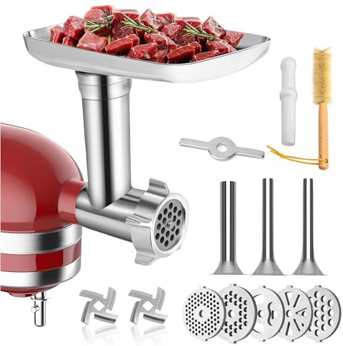 HOMGEN Meat Grinder Attachment for All Kitchenaid Stand Mixers - Food Meat Grinder Attachment Included 3 Sausage Stuffer Tubes，5 Grinding Plates，2 Grinding Blades，1 Brush(Not Dishwasher Safe)