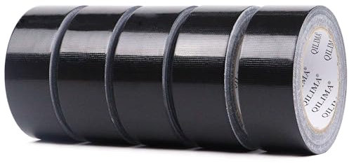 QILIMA Cinta adhesiva Negro, Cinta americana, cinta adhesiva de grado profesional para fotógrafos, reparaciones, bricolaje, manualidades, 48 mm x 27 m x 5 rollos