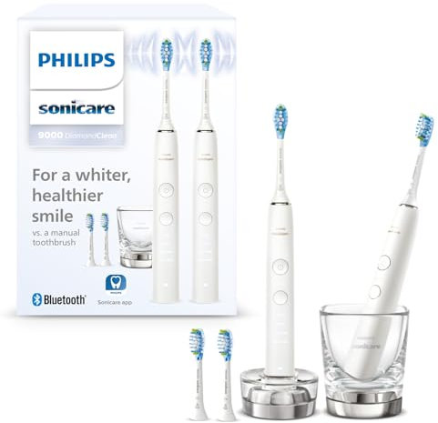 Philips Sonicare DiamondClean 9000 elektrische Zahnbürste, Doppelpack, Zahnbürste mit Schalltechnologie inklusive App, Drucksensor, 4 Putzmodi, 3 Intensitätsstufen, Ladeglas, weiß, Modell HX9914/62