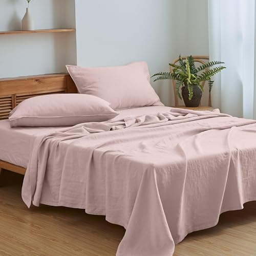 Simple&Opulence 100% Linen Sheets Twin Size Set, 3 Pcs Natural French Linen Bed Sheets, Breathable Soft Durable Bedding Set for All Season (Blush Pink, Twin)