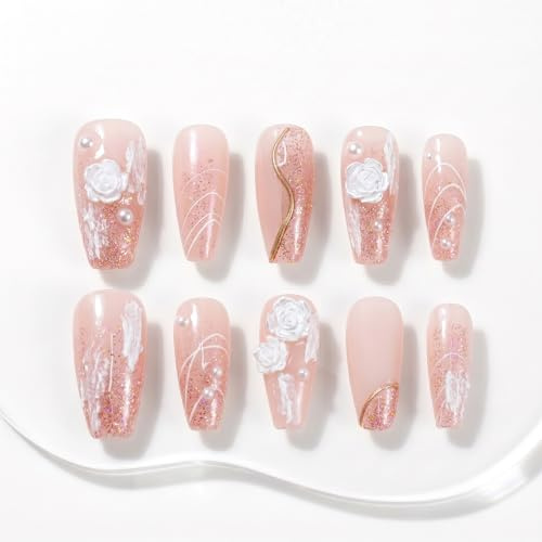 Sun&Beam Nails Handgefertigte Press-On Nails Long Ballerina Rosa (#002 L) | Rosa mit 3D Blüten, Perlendetails, Marmoreffekt und Glitzerakzenten im 10-teiliges Set