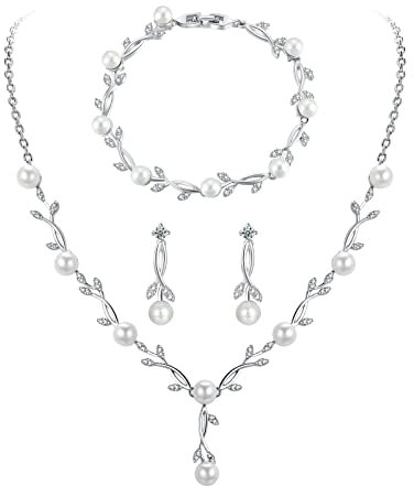Toplstud Hochzeit 925 Schmuckset Silber Damen, Halskette Armband Ohrringe in Form eines Blattes mit Perlen, Hochzeitstag Geschenke für Braut Frauen