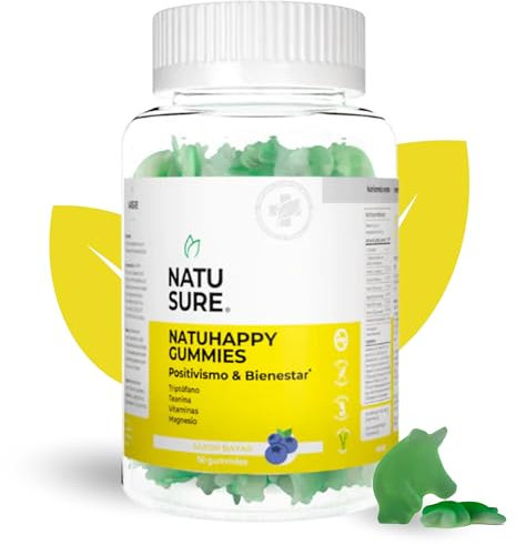 Natusure - Natuhappy | Triptofano con Magnesio Gominolas | VItaminas + L Triptofano + Magnesio + L Teanina | Para Mejorar tu Estado Anímico | Multivitaminas Gominolas Naturales | Sin Gluten