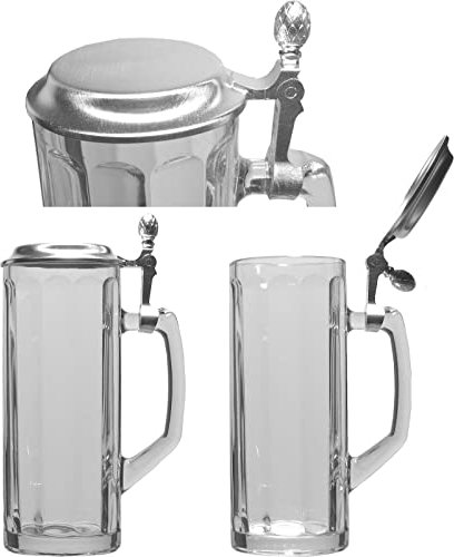 1 Bierseidel Bierkrug aus Glas Bierglas mit Henkel, geriffelt, Zinndeckel, 0,5 Liter geeicht mit Füllstrich