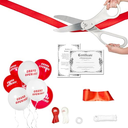 Crutello Deluxe-Riesenbandschneide-Set, 50,8 cm, großes Scheren-Set, scharfe XL-Schere mit silberfarbenem Griff, 9 m x 10,2 cm breites rotes Band, 3 m Banner, 10 rote und 10 weiße Luftballons