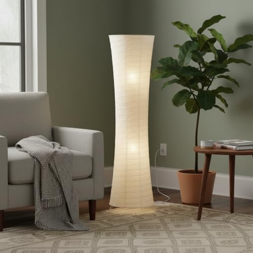 Trango Design Golvlampa i rispapper 1229 *SWISS* med vit lampskärm *HANDMADE* inkl. 2x E14-sockel för LED-lampor, rund, höjd: 125cm, vardagsrumslampa, golvlampa