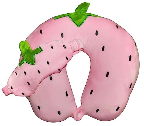 FeelComfy Reisekissen Flugzeug*Urlaub*Auto*Reise*Nackenhöhrnchen*Obst*Nackenkissen Kinder Erwachsene*Ergonomisch*Adults*ChildrenU-Förmig* Augenmaske (Erdbeere)