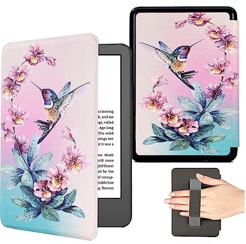 KEROM 6,8'' Kindle Paperwhite 11. Generation Hülle 2021 (Modellnummer: M2L3EK/M2L4EK), Leichte PU Leder Schutzhülle mit Handschlaufe und Auto Schlaf/Wach, Vogel