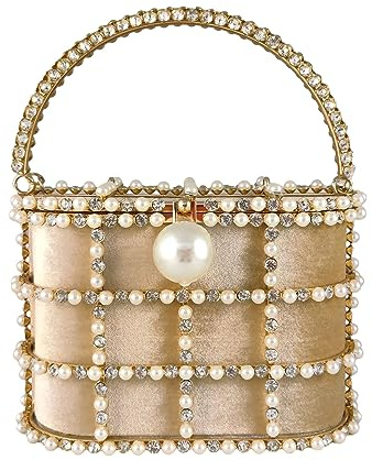 Synthetic Pearl Top-Handle Women Metal Bucket Bag Crystal Evening Purses and Clutches Formal Wedding Handbags, Mil1386 Gold, M