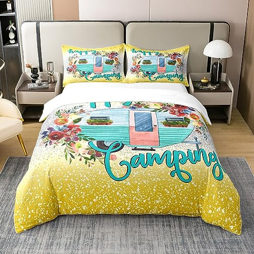 100% Baumwolle Happy Camping Bettbezug 135x200,Mädchen Camper Bettwäsche Set für Kinder Teens,Ombre Galaxy Glitter Tröster Abdeckung,Rustikale Bauernhaus Blumenbett Sets mit 1 Kissenbezug,Gelb