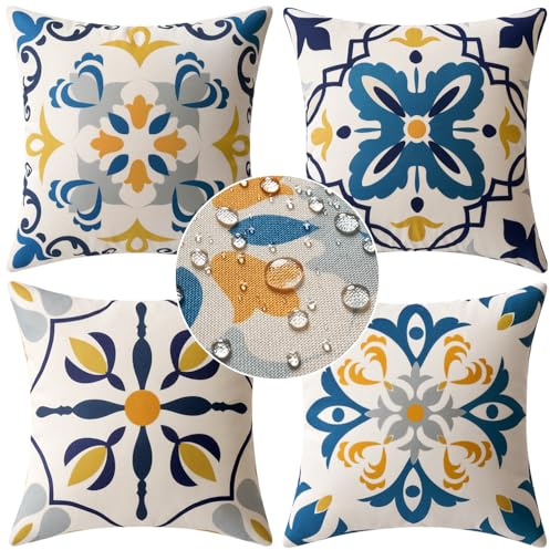 MIULEE Pack of 4er Kissenbezüge Outdoor wasserdichte Leinen Kissen wasserdichte Kissenbezug Gedruckte kissenhülle Für Zelt Park Bett Sofa Stuhl Schlafzimmer Dekorativ Balkon 40x40cm Blau Kaleidoskop