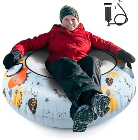 GYMAX Ø132cm Schneeschlauch, aufblasbarer Schlitten Abschlepphaken, Handpumpe & Griffe, Schneeschlitten bis 100kg belastbar, Schneereifen für Kinder Erwachsene