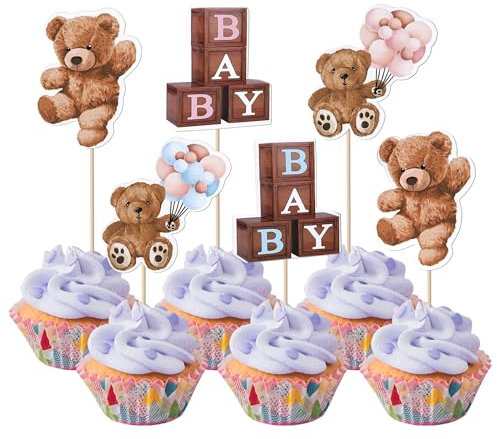Xsstarmi 36 Packung Geschlecht Soffenbarung Cupcake Toppers Tragen Junge oder Mädchen Cupcake Picks für Gender Reveal Geburtstag Zubehör für Party Kuchendekorationen
