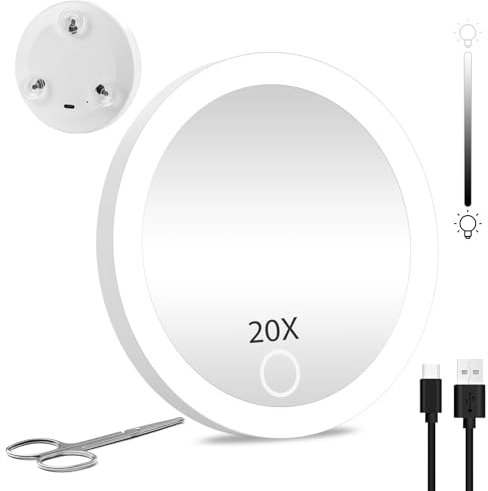 Miroir de maquillage grossissant x20 avec lumières de 10,2 cm, miroir grossissant x20 avec ventouses, miroir grossissant 20x rechargeable, miroir grossissant x 20 avec lumières