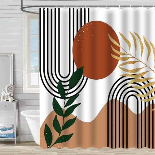 FAIRYGATE Shower Curtains Mid Century Abstract Shower Curtain Modern Minimalistic Home Bathroom Curtain Boho Arch Beige Bathtubs Curtain Decoration Set Waterproof B9216