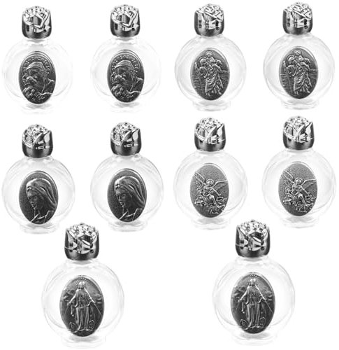 Hilai Botella de agua bendita 10 piezas recipiente de agua bendita en relieve Vistia vacío rociador de agua bendita matraz de agua bendita para obsequios religiosos, plata, frasco sagrado